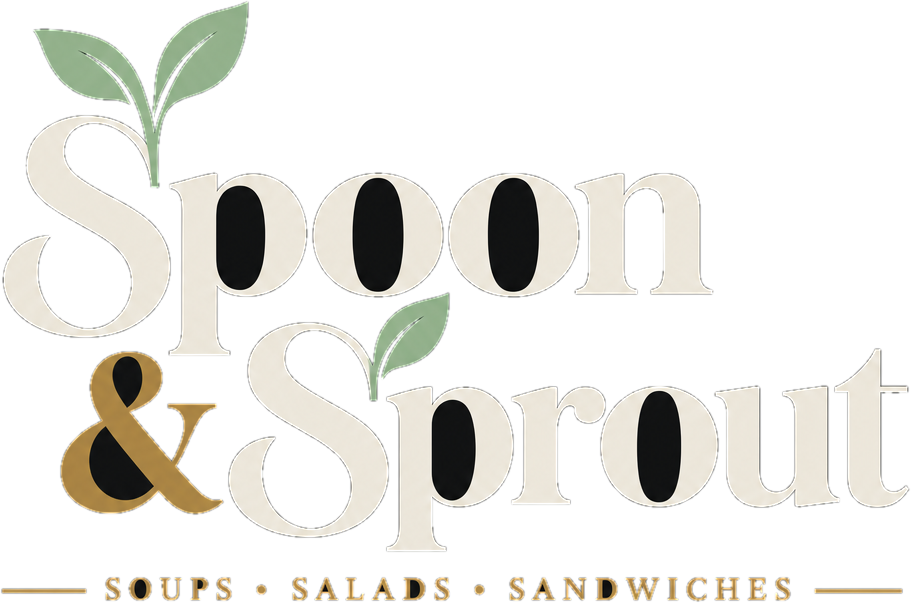 Spoon & Sprout logo: the name in serif lettering with sprout leaves growing from the S letters, above the line Soups, Salads, Sandwiches