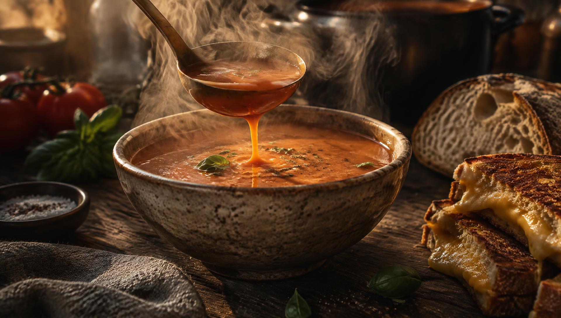 Tomato basil soup being ladled with grilled cheese